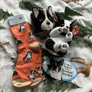 Black and White Dog Boston terrier beanie baby, adult socks,magnet,Mug set of 4